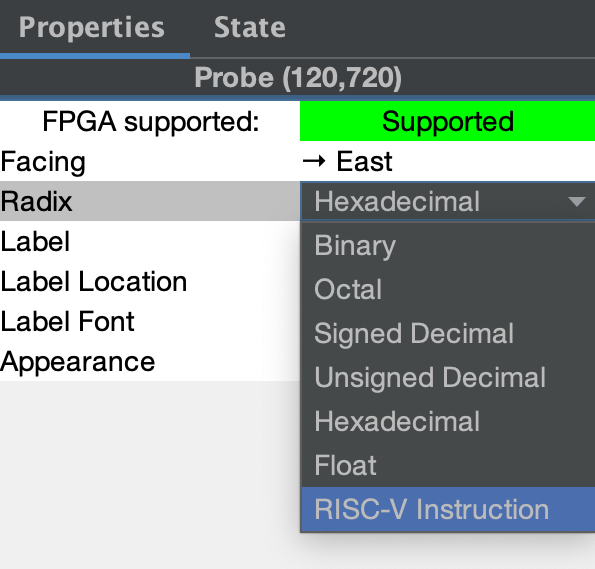 Screenshot of the configuration of the probe component, with the radix option dropdown open, indicating that RISC-V Instruction should be selected.